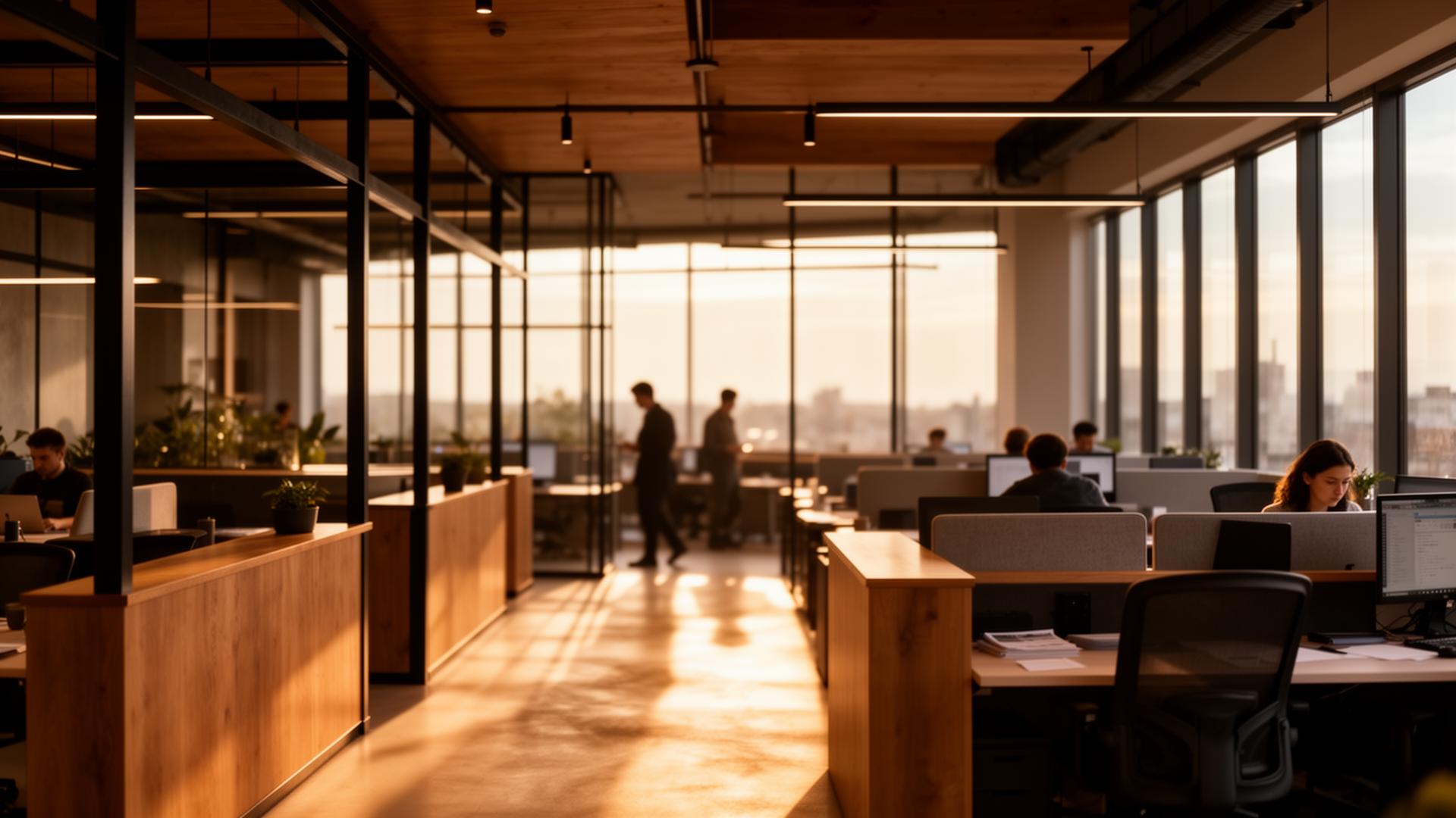 A warmly lit modern coworking floor with glass-walled meeting rooms